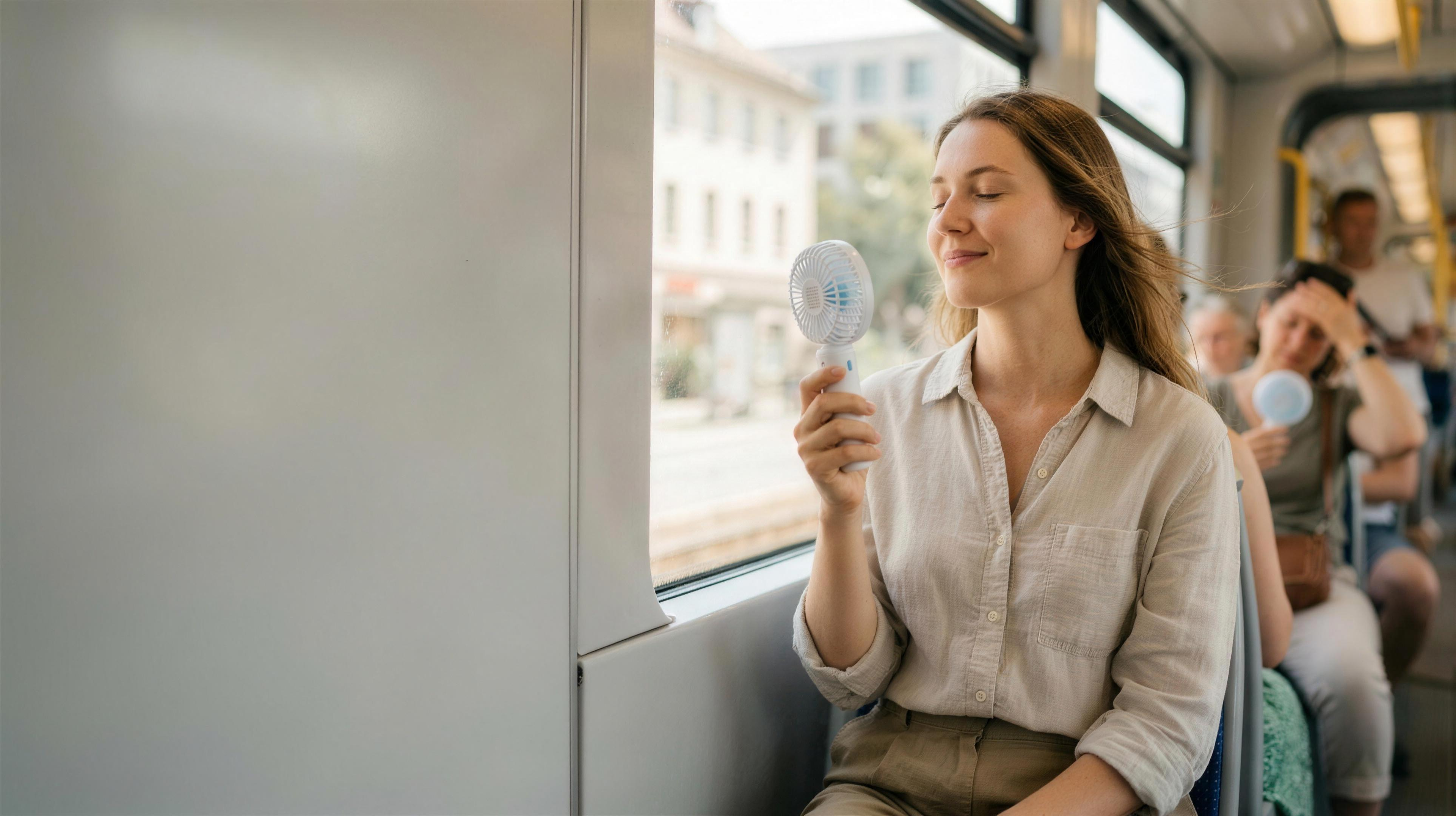 Frau kühlt sich in der Bahn mit dem AirBreeze Mini-Handventilator
