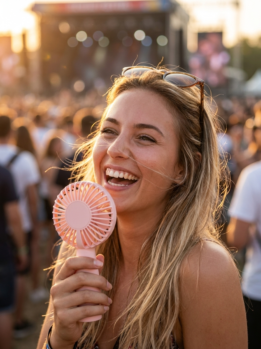 AirBreeze Mini-Handventilator rosa beim Festival