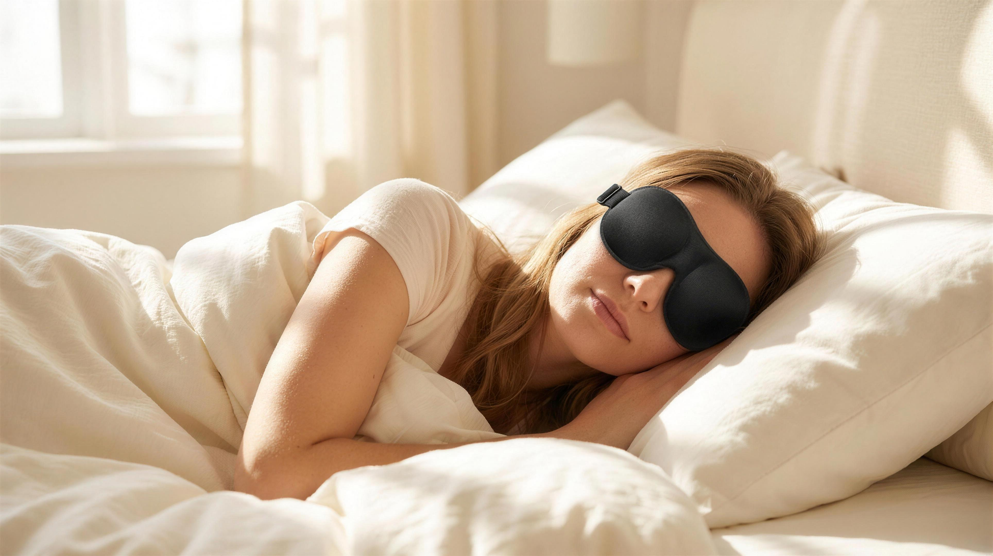 Frau schläft im Morgenlicht auf der Seite und trägt die NOCTE 3D Schlafmaske